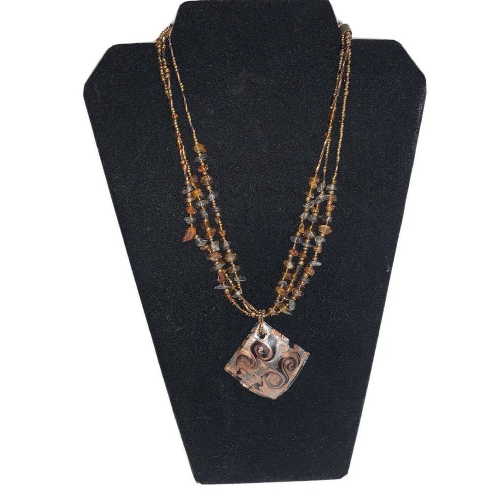 CJ Necklace Art Glass Beaded Bronzetone Browm Gray Multi Strand 19”